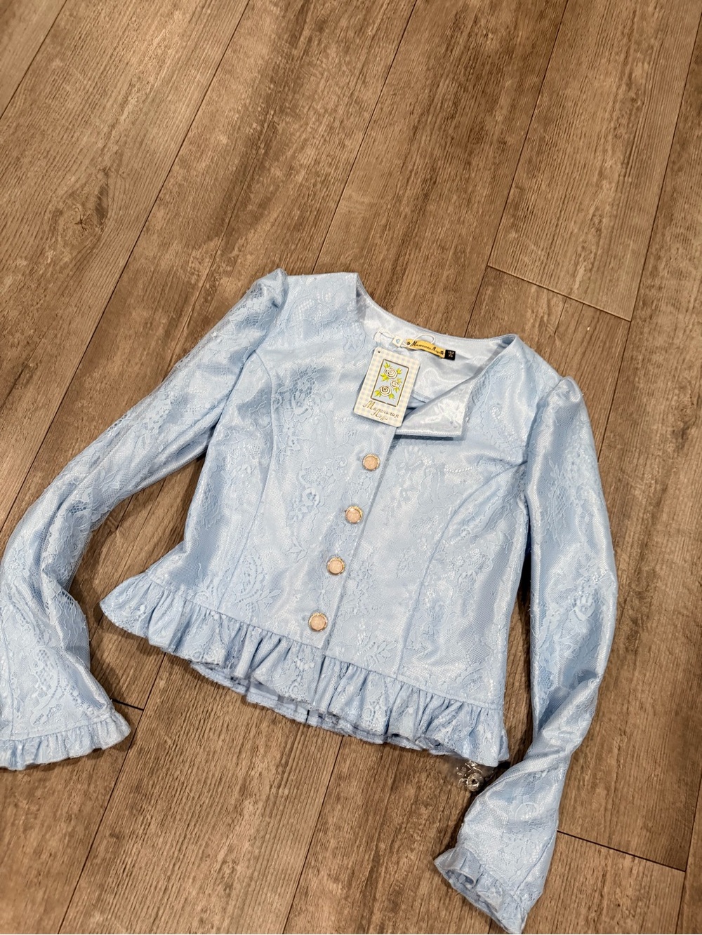 Light Blue Lace Ruffle Hem Button Jacket - Picture 3 of 12
